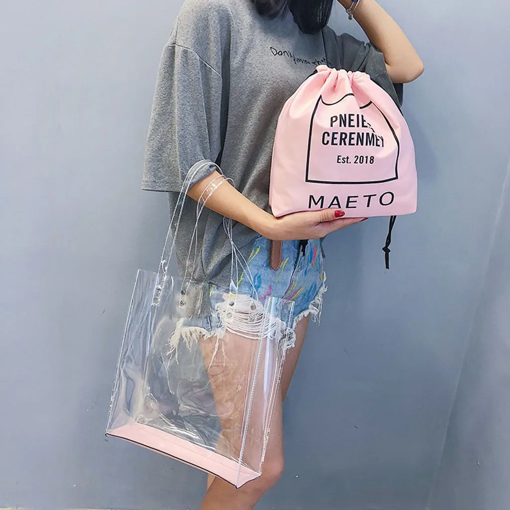 

2019 New Bag Women Fashion Transparent Shoulder Bag Bundle Pocket Handbag Beach Bag