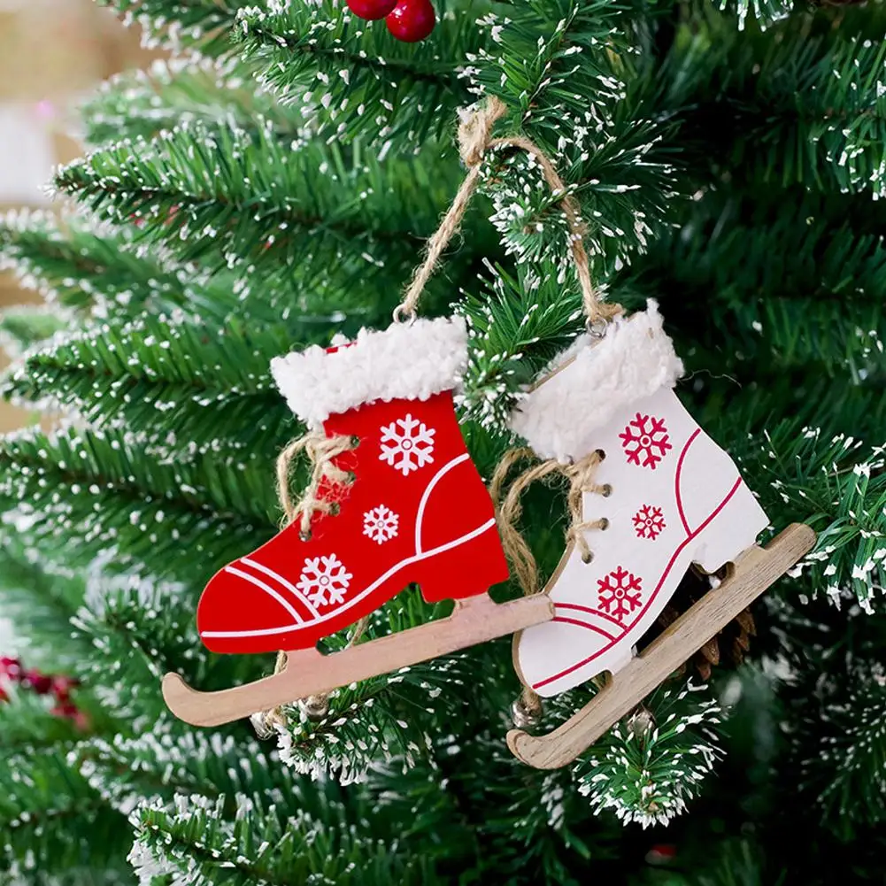 

Christmas Tree Wooden Skates Ski Shoes Pendant Christmas Painted Decorative Pendant Wood Ornament Home Door Xmas Tree Decoration