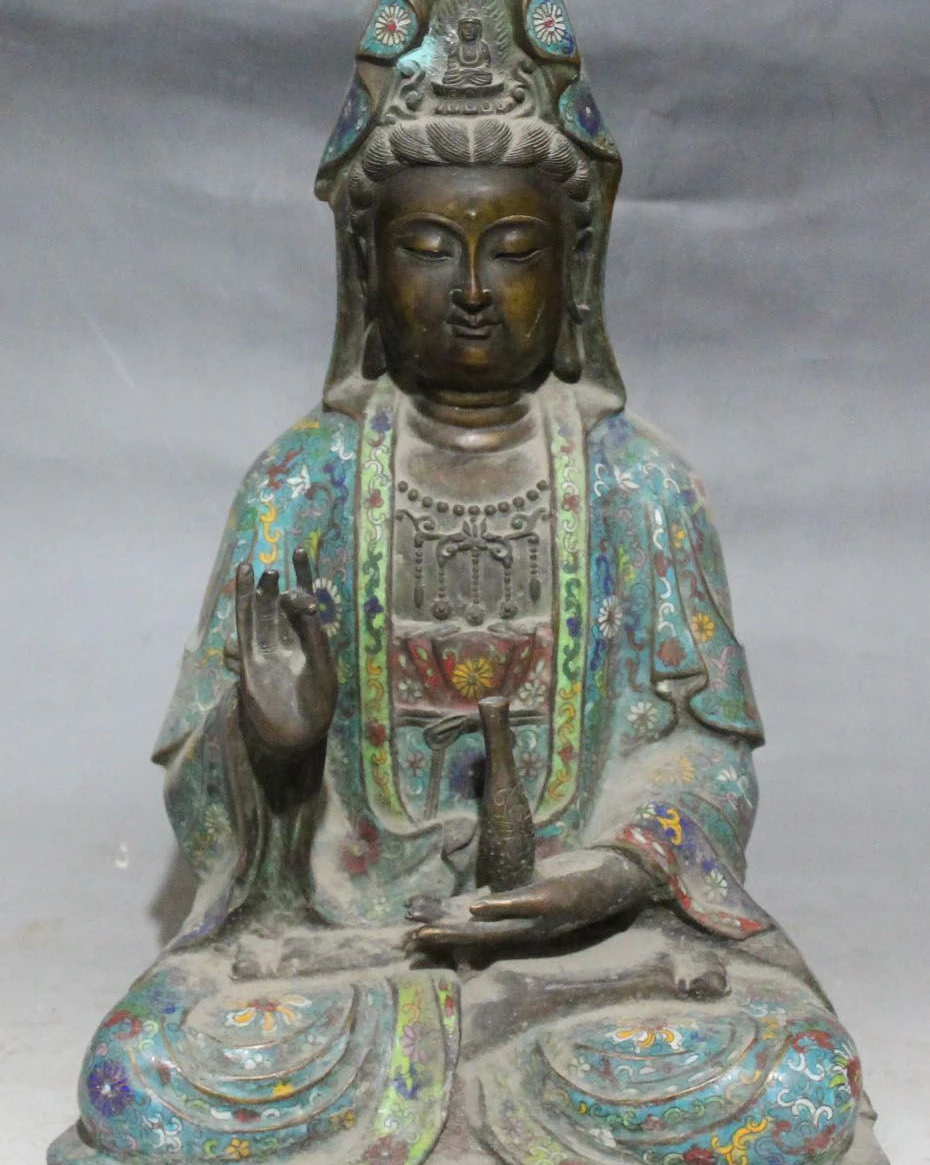 

15" Chinese Bronze Cloisonne Enamel Kwan-yin Guan Yin Hold Bottle Buddha Statue