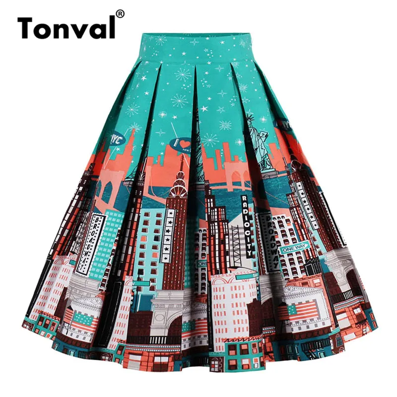 Tonval, винтажная плиссированная юбка, темно-синяя, с цветочным принтом, высокая талия, юбки для женщин, Ретро стиль, для школы, летняя,, юбка