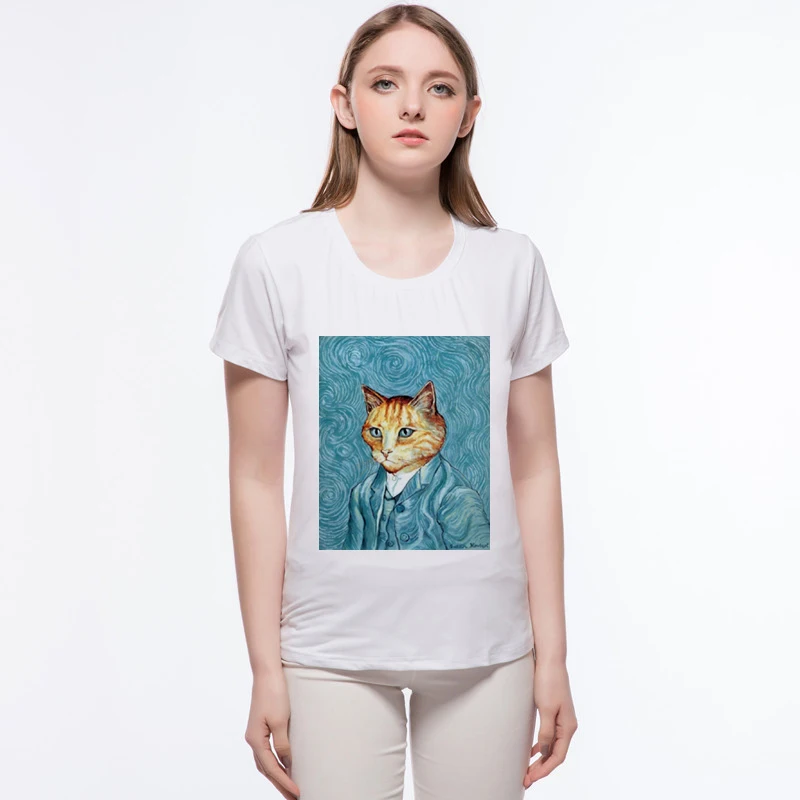 

Vintage Retro Self Portrait Blue Abstract Cloud van Gogh Cat Oil Painting Funny Women T Shirt Short Tops L10-C21