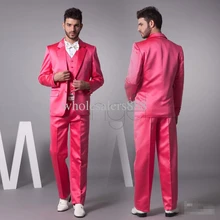 Изготовленный На Заказ ярко-розовый смокинг для жениха атласный материал мужские свадебные костюмы для выпускного Блейзер Masculino(пиджак+ брюки+ галстук+ жилет