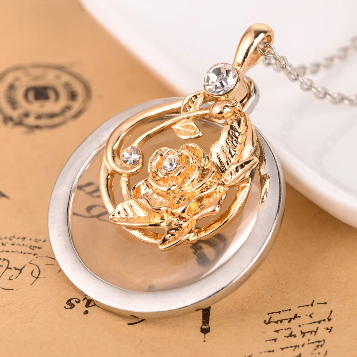 Retro Antique Statement Necklace Shellhard Crystal Cat Magnifying Glass Pendant Long Chain Necklace Fashion Jewelry For Women