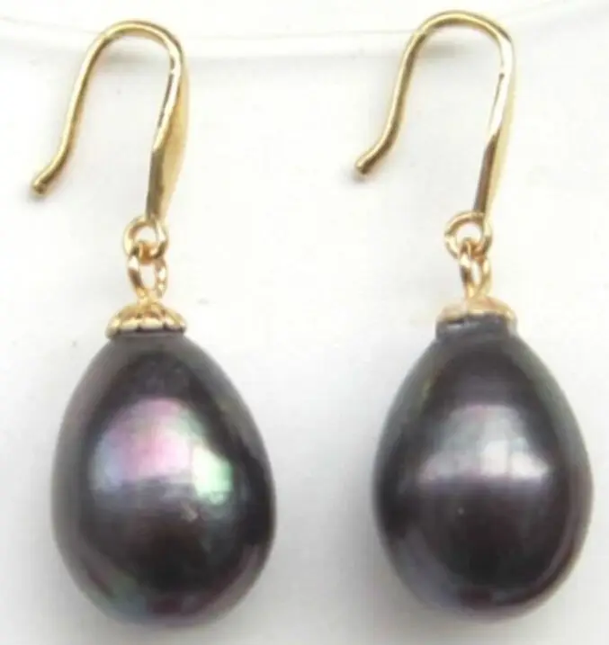 

real rare AAA+ 11x13mm BLACK Tahitian natural Pearl Dangle Earring JEWERLY