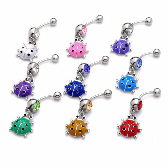 10pcs Crystal Ladybug Barbell Stud Dangle Curved Belly Navel Rings Bar