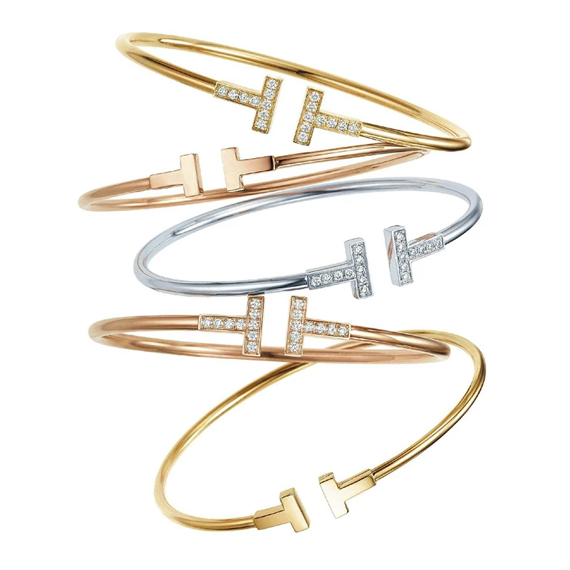 

JEM original 1:1 tiff 100% 925 sterling silver fashion bracelet jewelry double T series coil opening diamond gloss lady bracelet