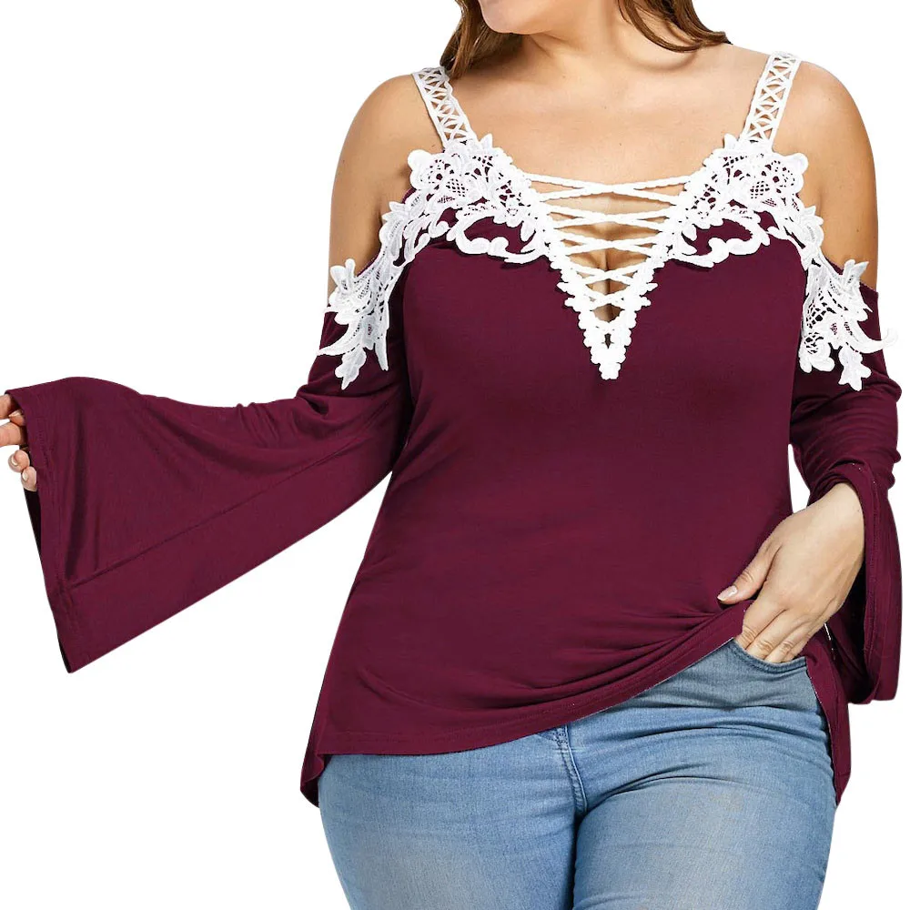 CHAMSGEND Женская кружевная рубашка с открытыми плечами Повседневная рубашка с длинными рукавами Топы для женщин блуза Прямая 1M20
