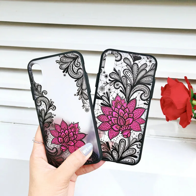 

WHATIF Phone Case for iPhone Xs Xr XsMax Luxury 3D Black Lace Flower Back Case for iPhone 6 6s plus 7 8 plus X Flower Cover