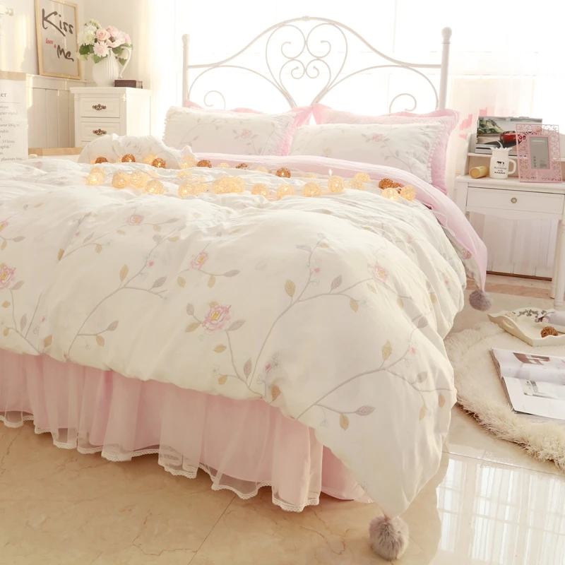 Льняной хлопок Корейская принцесса кружева 3/4 шт. постельного белья, пододеяльник, стеганая кровать юбка Набор наволочек простыней на кровать