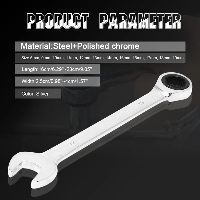 NEW 12pcs 6-19mm Steel Ratchet Wrench Set Multiuse Wrenches Dual Use Spanners Tools Kit Fixed/Movable Head Combination Tool