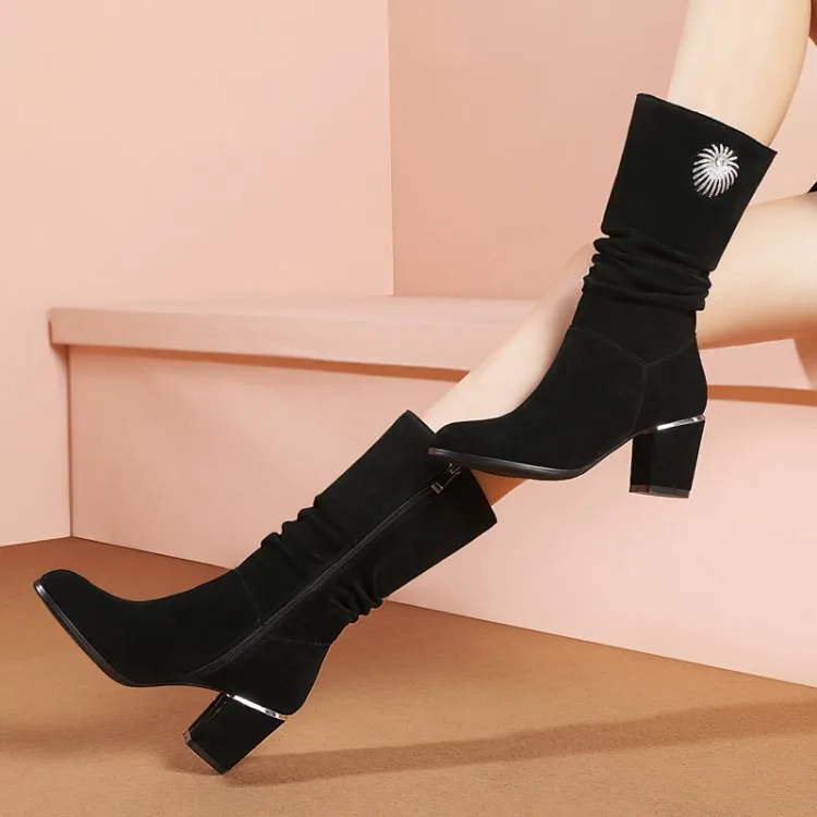 43 Grueso 33 Mljuese Mujeres Becerro Crystal Grandes Tacones Tacón Martin Caliente Suede Altos Botas Vaca Black Tamaño Del Invierno 2019 wUwvTF