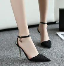 Sexy High Heels Women Black & Beige Shoes 2016 Summer Pointed Toe Shoes Summer Pumps Ankle Buckle Free Shipping