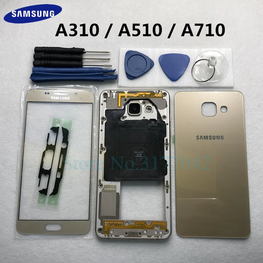 Полный корпус чехол для Samsung Galaxy A3 A5 A7 A310F A510F A710F Передняя стеклянная средняя рамка задняя крышка аккумулятора задняя крышка+ инструмент