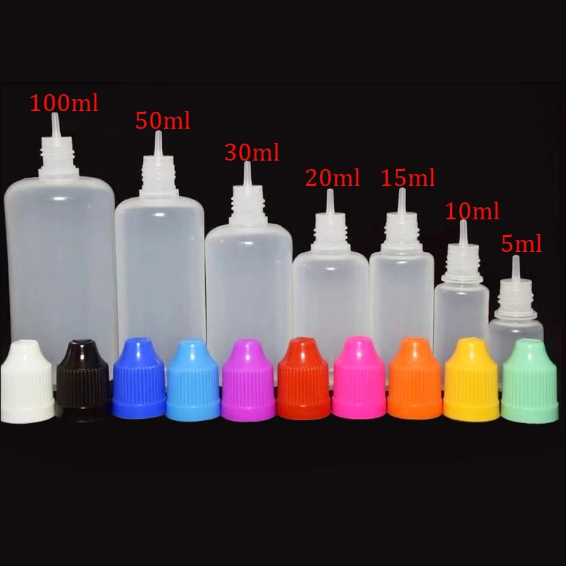 

100pcs pcs 5ml 10ml 15ml 20ml 30ml 50ml squeezable pe bottle 10ml plastic dropper bottles with childproof caps E liquid Bottle C