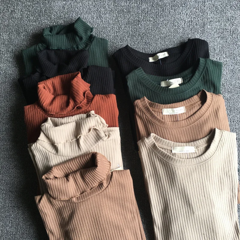 

Woman Knitting T Shirts Brief Long Sleeve O Neck Solid Color Skinny Basic Tee Casual Tops Turtleneck Knitted Tops Thin Pullover