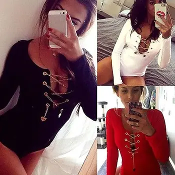 

New Women Long Sleeve Jumpsuits Bodycon Bandage Cross Playsuits Women Trousers White