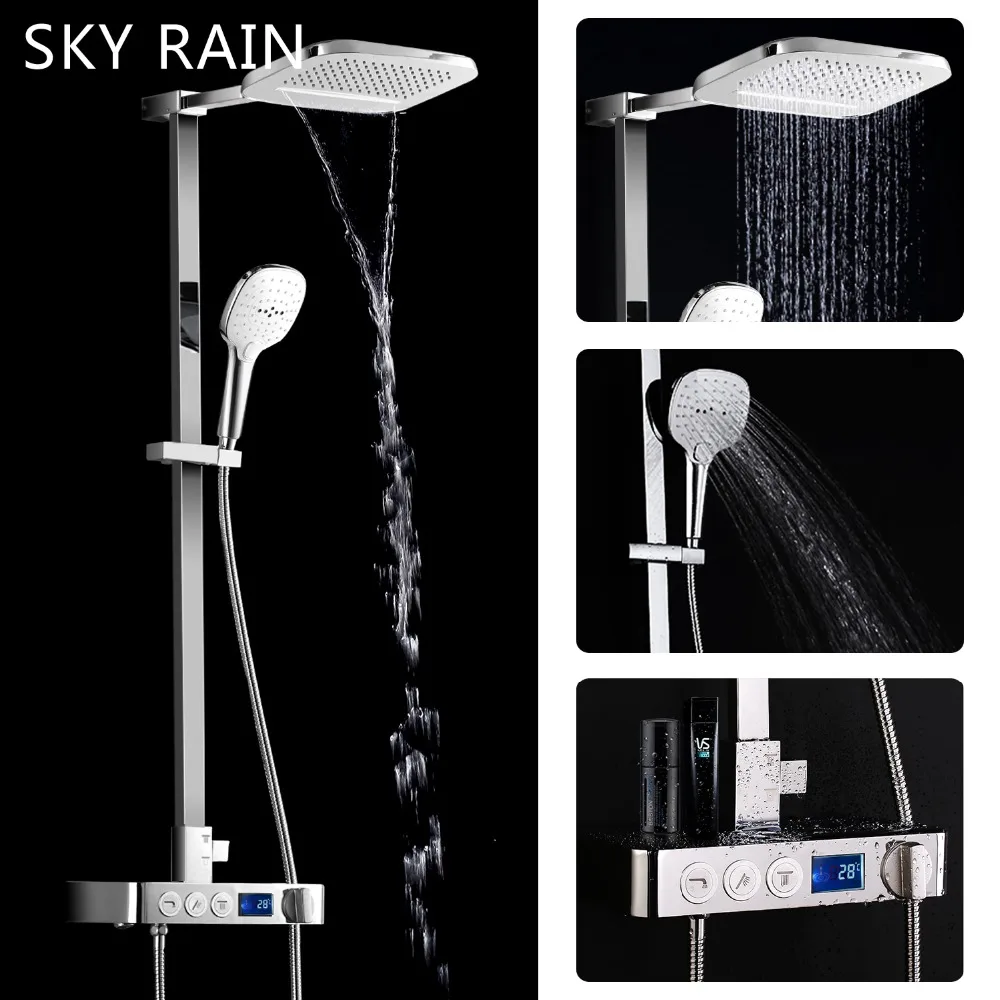 

SKY RAIN Top Spray Intelligent Thermostatic Bathroom Bath Pulse Mode Rainfall Shower Head Set