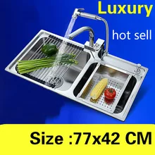 Квартиры роскошный двойной кухонный паз раковина сделать блюда пищевой 304 нержавеющая сталь Горячая 77x42 см