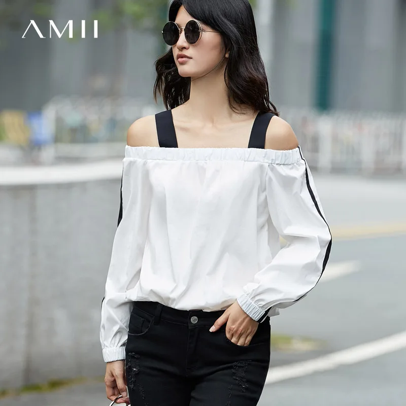 

Amii Minimalist Women 2019 Spring Blouse Contrast Color Off Shoulder Spaghetti Strap Female Blouses Shirts