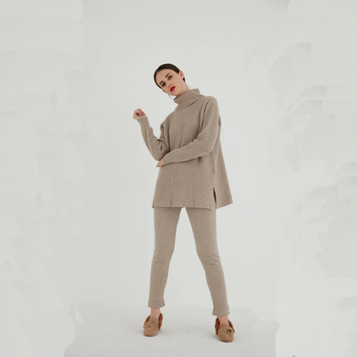 

2018 Promotion Winter New Pure Cashmere Casual Knit Suit High Collar Loose Sweater Leg Pants High-end Custom Two-piece Woman