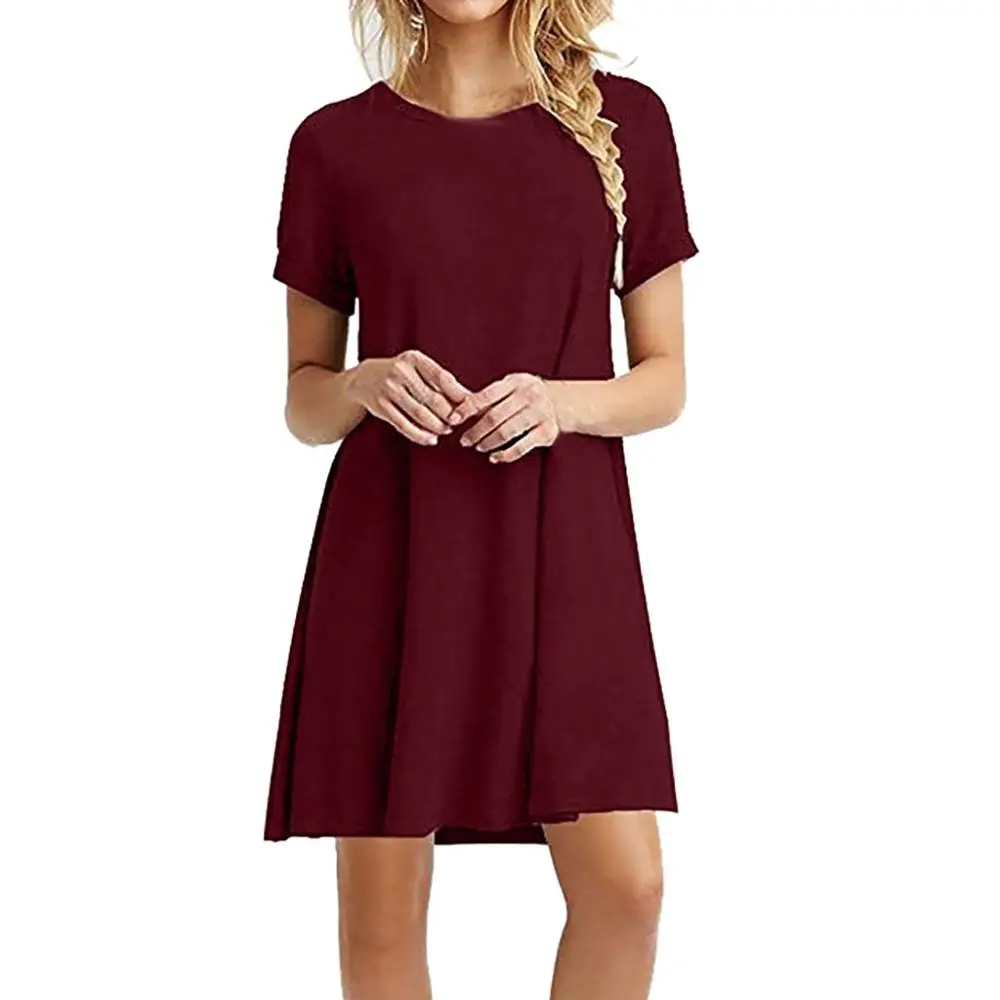 

2019 Women's Short Sleeve Pleated Loose Swing Casual Dress with Pockets Knee Length Plus Size Casual Dress Hot Sale AD