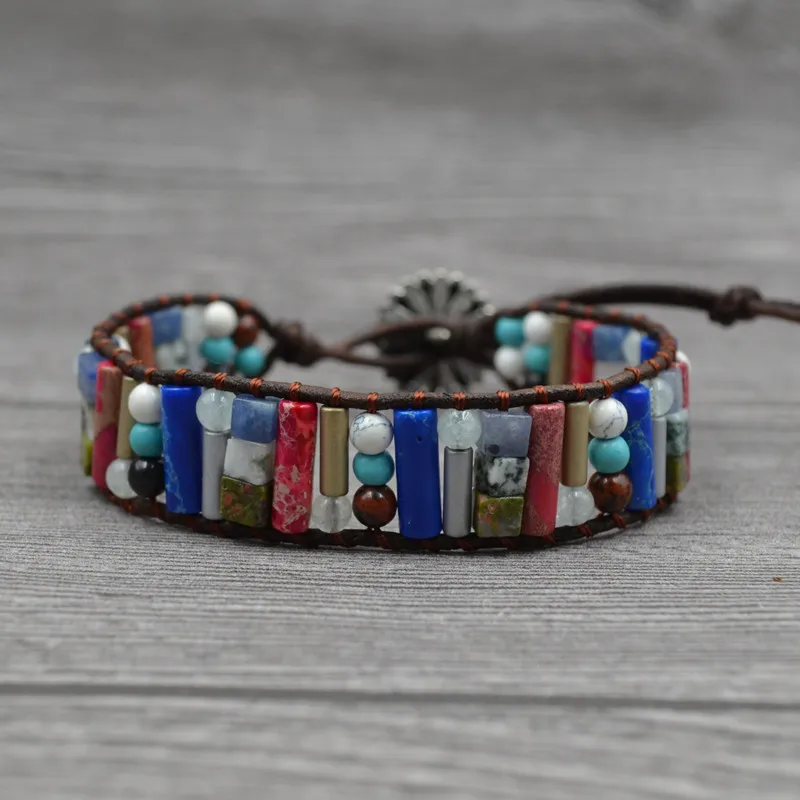 

New Punk Women's Bracelet Hand-knitted Multilayer Leather Wrap Bohemian Beaded Bracelet Creative Natural Stone Handmade Gift