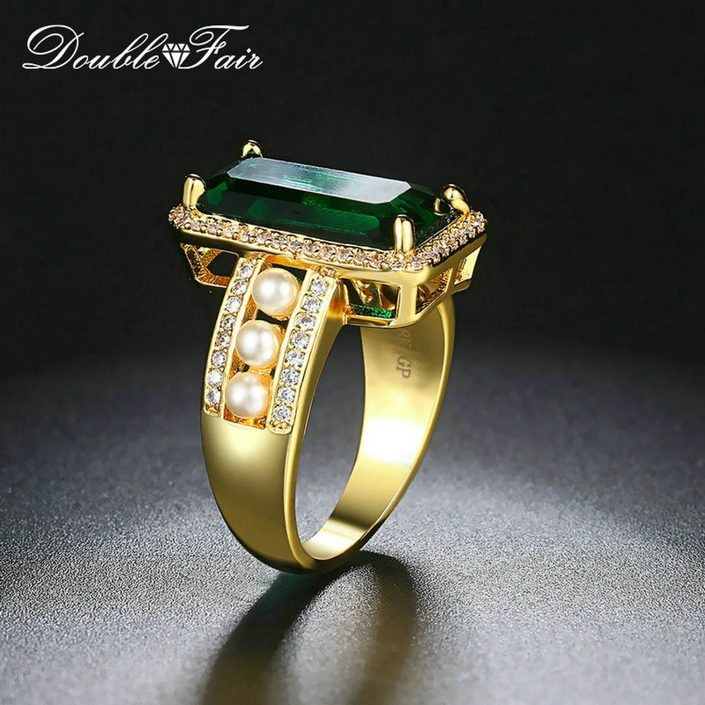 

Double Fair Fashion New Yellow Gold Color Simulated Pearl Rings For Women Big Green Crystal Wedding Bands Jewelry DFR806