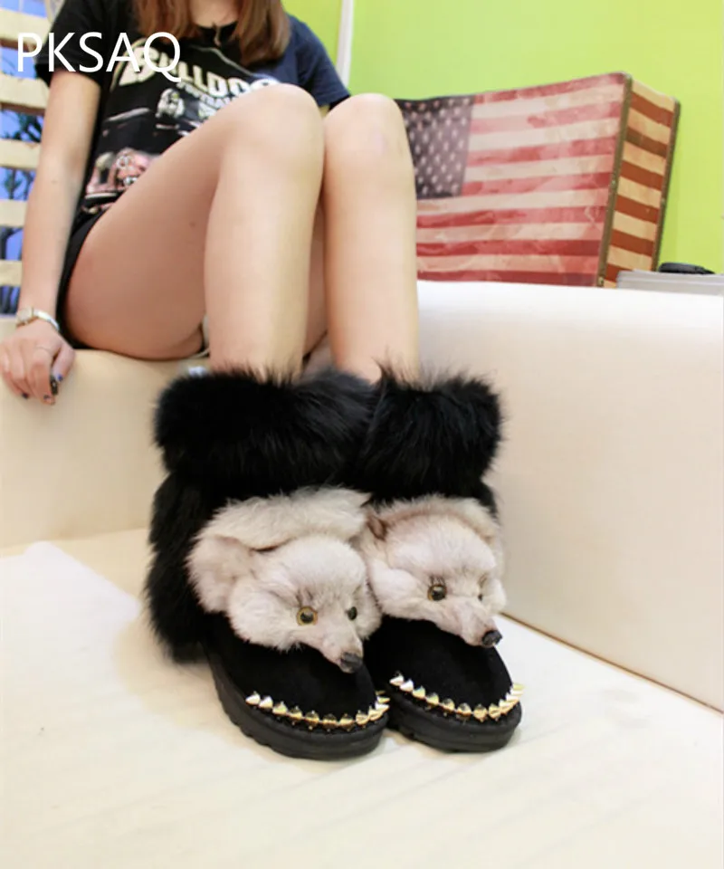 

Handmade Original Women Snow Boots Fur Flat Fashion Winter Warm Shoes Boots Ladies Slip-On Round Toe Fox Rivet Shoes