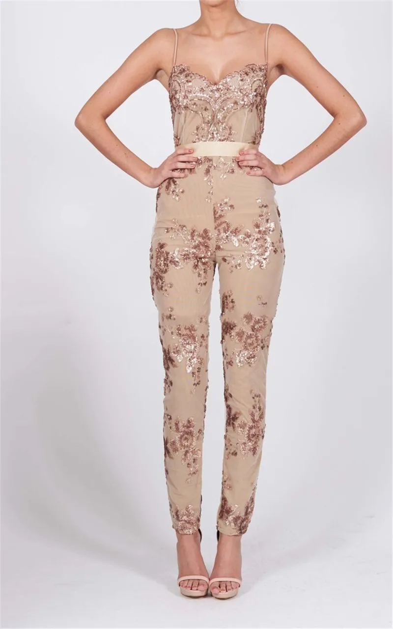 Beige Black Sequined Spaghetti Strap v neck women summer Jumpsuit