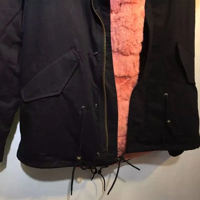 Новая модная зимняя одежда толстый теплый красный арбуз Бивер кролика куртка натуральным мехом енота кроличьего меха внутри черная парка