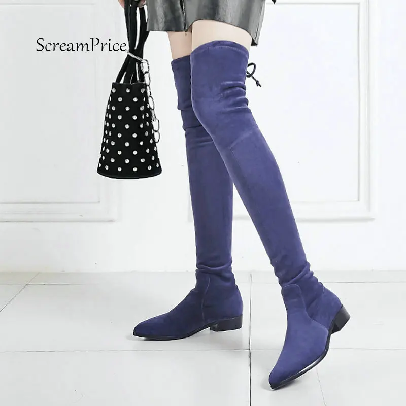 

Ladies Suede Comfortable Low Heel Over The Knee Boots Fashion Pointed Toe Winter Elastic Thigh Boots Black Gray Blue