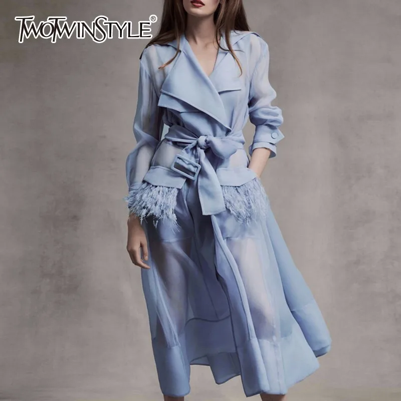 TWOTWINSTYLE Voile Lace up Windbreaker Dress Women Long Sleeve Feather Pockets Sexy Party Dresses Female Elegant Clothes 2020 TWOTWINSTYLE Voile Lace up Windbreaker Dress Women Long Sleeve Feather Pockets Sexy Party Dresses Female Elegant Clothes 2020