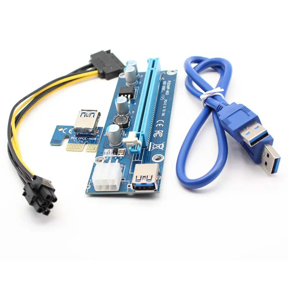 

006C PC PCIe PCI-E PCI Express Riser Card 1x to 16x USB 3.0 Data Cable SATA to 6Pin IDE Power Supply for BTC Miner Black Board
