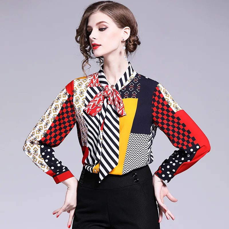 

Geometric Print Single Breasted Bow Chiffon Blouse 2019 New Women Spring Summer Office Lady Work Long Sleeve Shirt