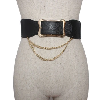 

2019 New Elastic PU Leather Wide Belts For Women Gold Metal Chain Waist Belt Dancing Girl Belt Female Accessories Dress
