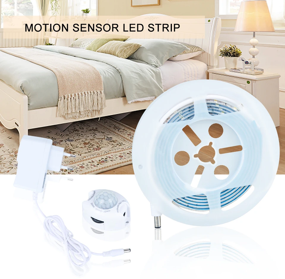 LED Motion Sensor Cupboard Wardrobe Bed Lamp Under Cabinet Night Light Flexible LED Strip 12V Tape 110V 220V US EU Power Supply_01