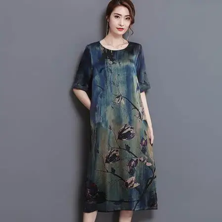 

2018 New Summer Middle Age High Quality Silk Print Long Dress Vintage Elegant Large Size Loose O-Neck Women Dress Size(c