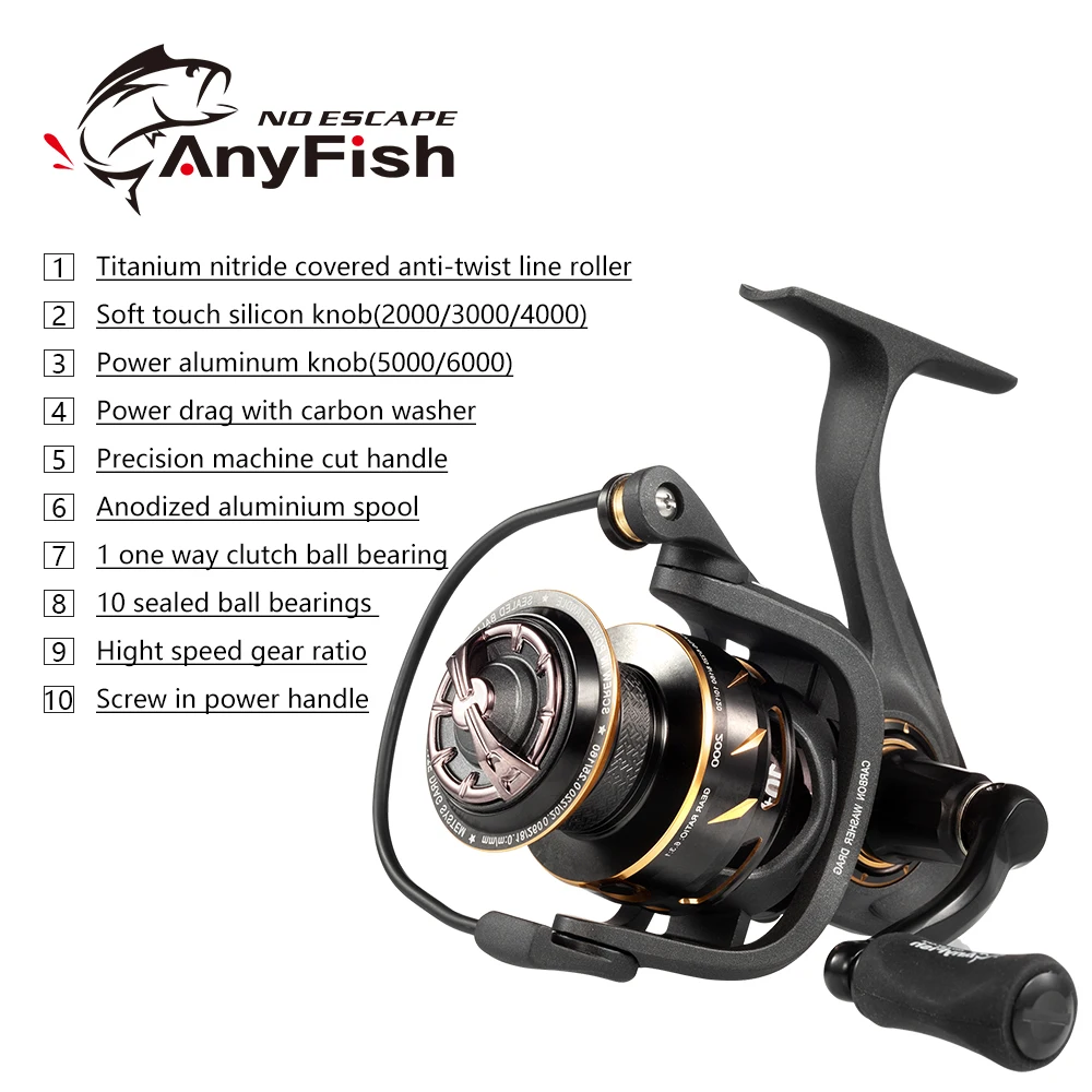 Спиннинговая Рыболовная катушка Anyfish модель 2000/3000/4000/5000/6000 10 + 1 шарикоподшипник