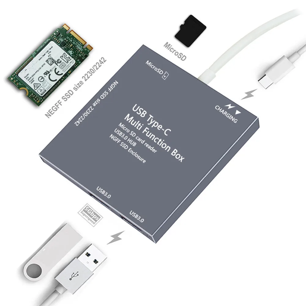 

Aluminum 2*USB3.0 Hub NGF SSD Enclosure Card Reader Type-c Multi Function BOX 6J16 Drop Shipping
