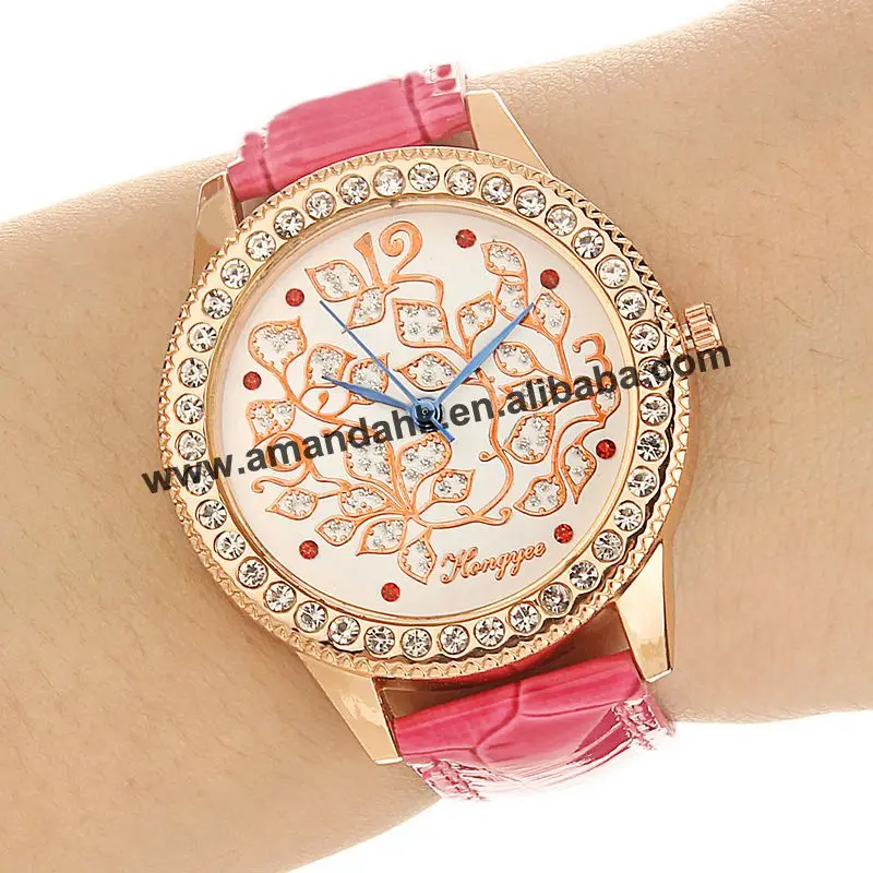 

fashion HY-3919 women red flower watches women quartz dress watch leaves patterns rhinestone leather wristwatches