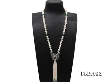 

Unique Pearls jewellery Store Charming White Color 9-11mm Freshwater Pearl Neckace Green Jades Butterfly Rhinestone Necklace