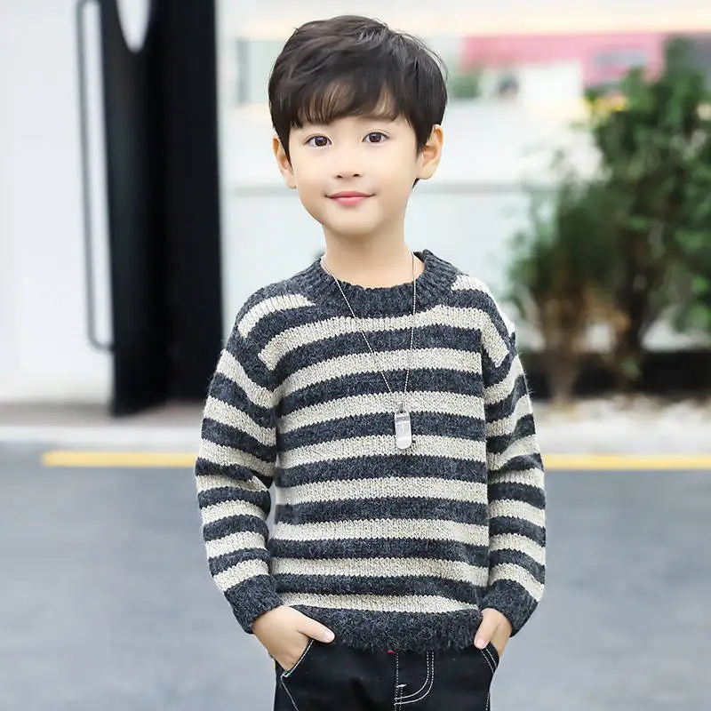Spring Autumn Children Boy Knitted Sweaters Kids Boys Pullovers O-neck Cotton Striped Clothing Teenage Causal Sweater F19 - Цвет: Темно-серый
