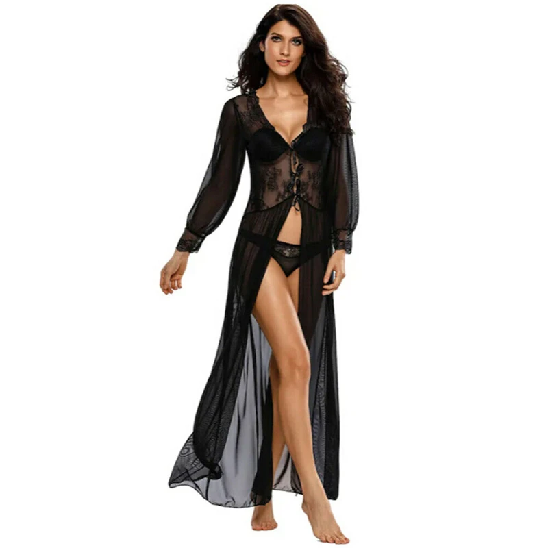 Women See through Sheer Lace Bikini Cover up long kimono Cardigan Beach Dress Elegant long Sleeve playa tunic kaftan Beachwear