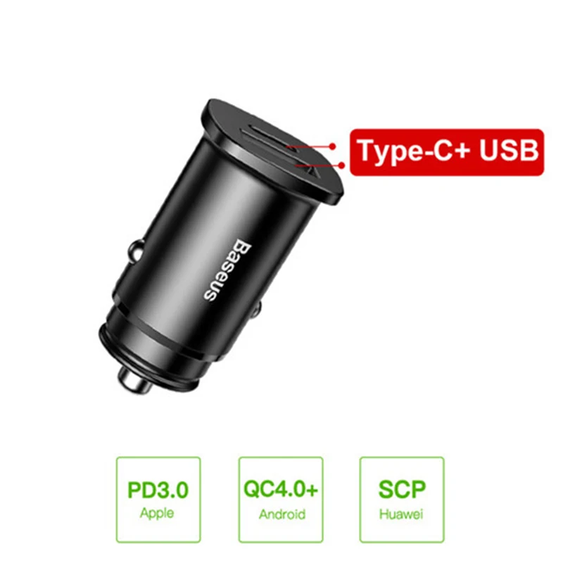 Baseus 30 Вт Быстрое Автомобильное зарядное устройство с двумя USB C PD QC 4,0 Быстрая автомобильная зарядка для Iphone X XS Max huawei samsung Автомобильное зарядное устройство для мобильных телефонов - Название цвета: Black 1USB 1Type-C
