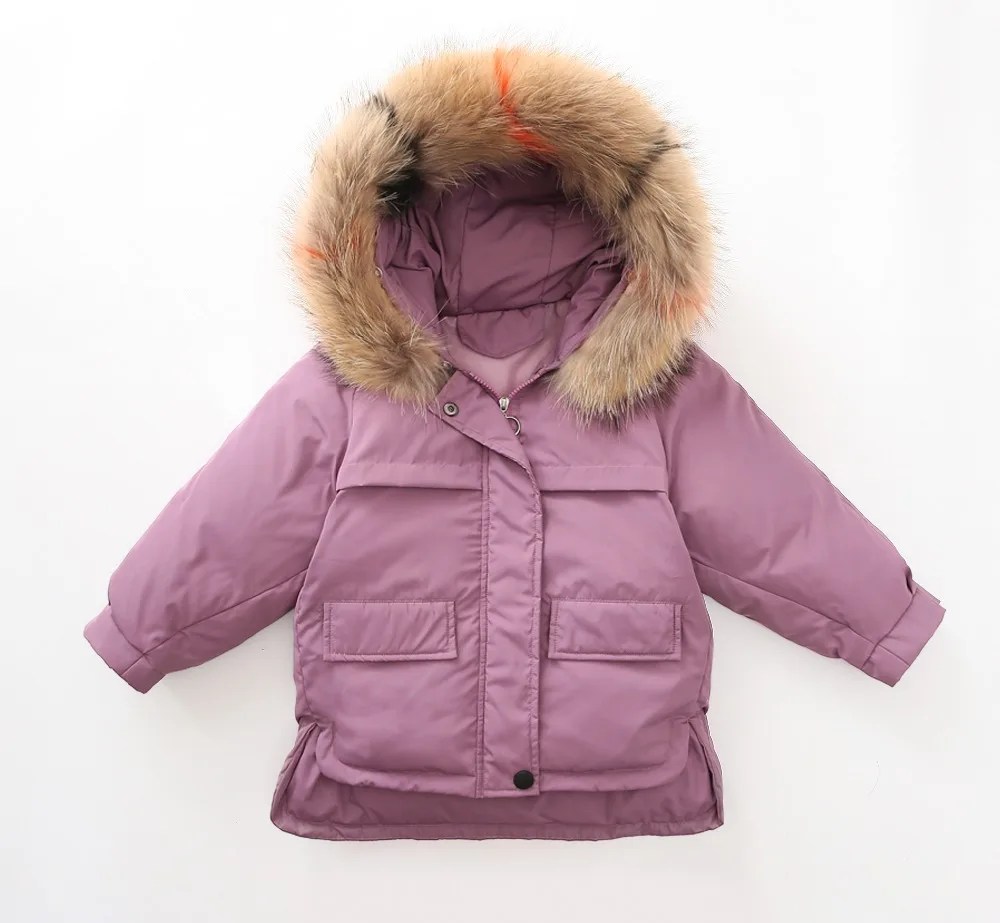 

Real fur collar 5-15 years old Girls Winter coat Kids Children Outwear thickening Solid color Casual windproof warmth trench