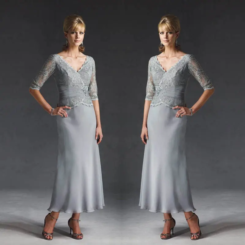 Gray Mother Bride Dresses Gowns Design V Neck Half Sleeves Silver Lace Mother Of The Bride Tea