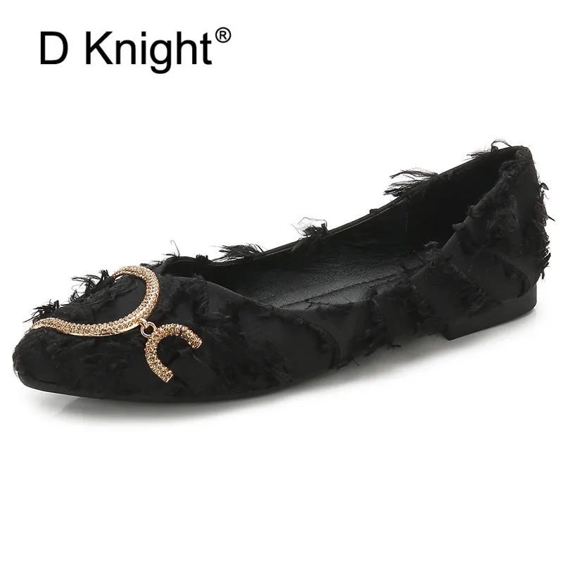 Women Flats Cool Crystal D Buckle Flat Shoes Women Loafers Ballet Flats Black Lady Shoes Casual Pointed Toe Slip on Female Flats