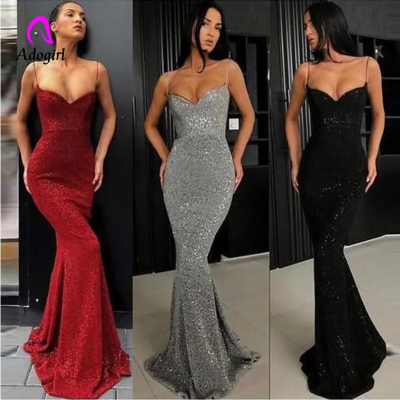 

Elegant 2019 Fashion Sexy Spaghetti Straps Evening Party Prom Formal Gowns Long Tail Sequin Maxi Dresses Vestidos Robe De Soiree