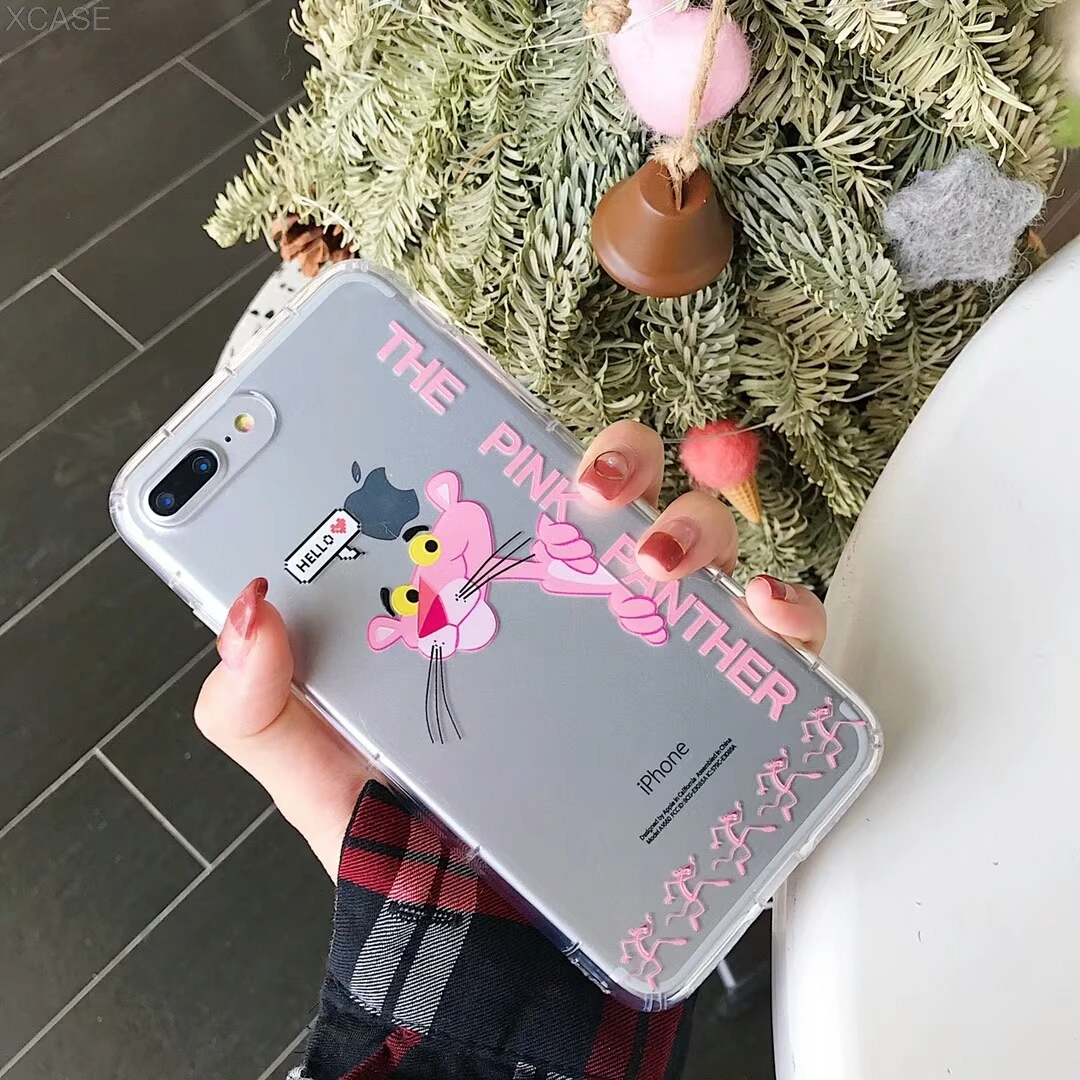 

Case For iphone X XS Max XR 6 6S 7 8 Plus Soft Silicone Shell Cute Pink Panther Transparent Anti-knock Phone Back Cover Coque