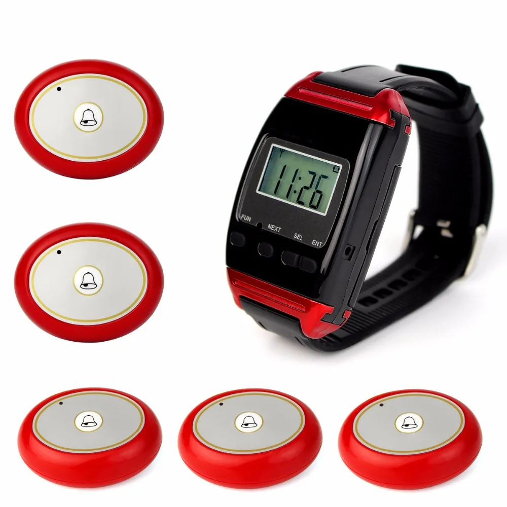 

Wireless Calling System Restaurant Paging System Catering equipment with 1 Watch Receiver + 5 Waterproof Button F4486C